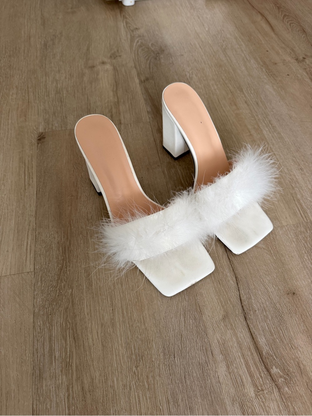 White Feather-Trim Block Heel Mules